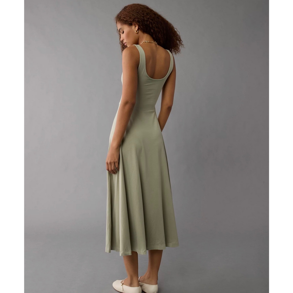 American Eagle Olive Green Scoop Neck Midi Dress With Slit - Picture 3 of 4